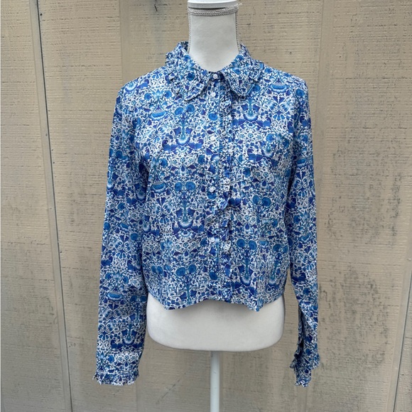 J. Crew Liberty Blue Floral Crop Ruffle Collar Blouse - Picture 2 of 14